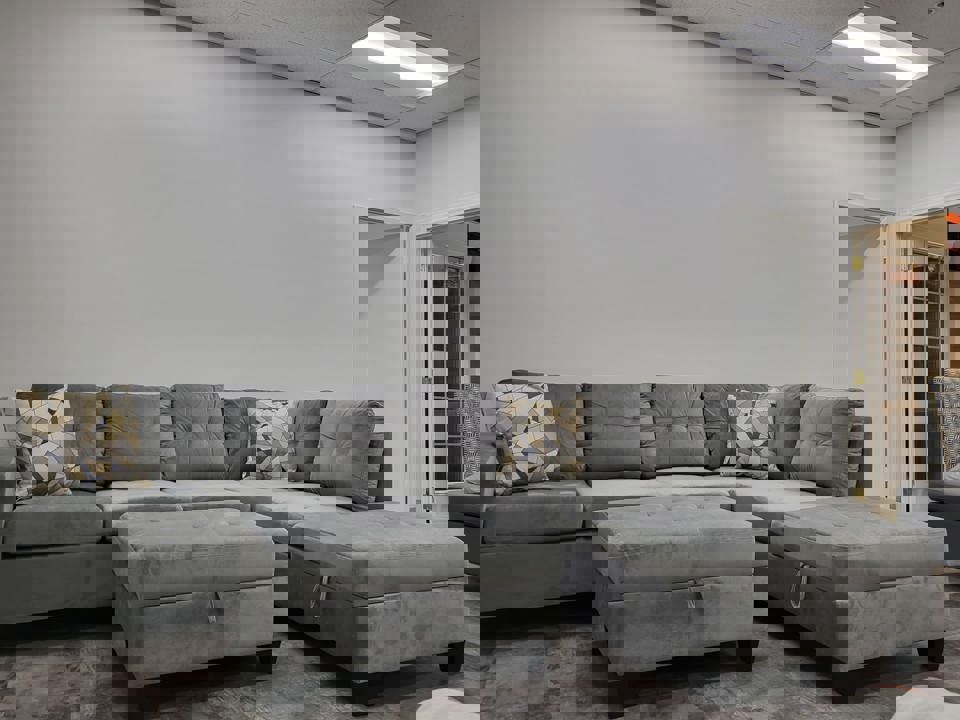 ALLEN 20232 GREY VELVET FABRIC 4 SEATER SECTIONAL WITH STORAGE OTTOMAN AND CHAISE
